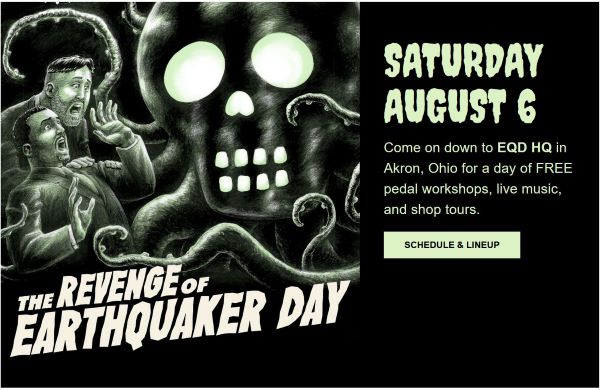 Graphic announcing EarthQuaker Day. On Saturday August 6th 2022. Image depicts a frightened couple looking up at a large the large EarthQuaker Devices "OctoSkull" logo.