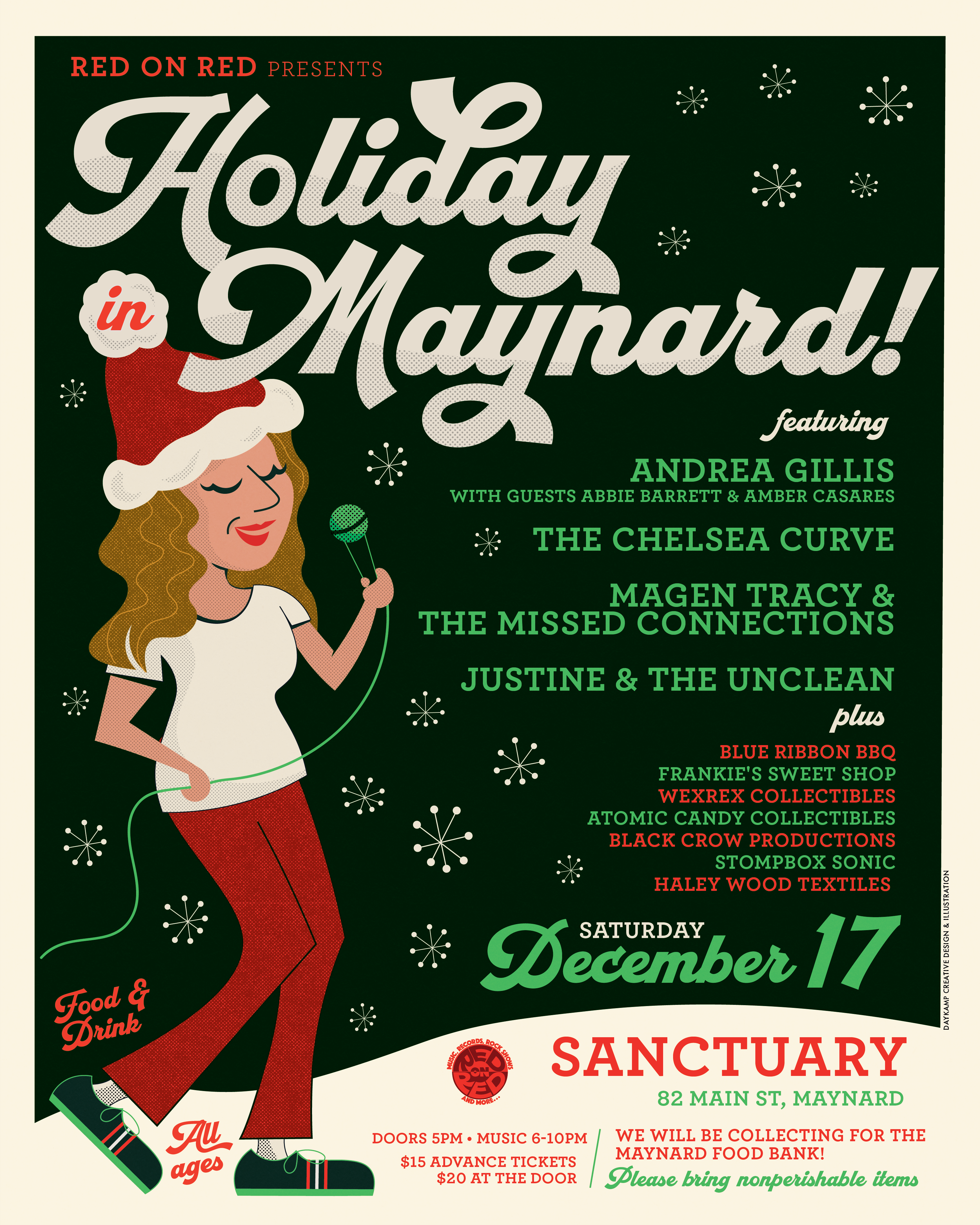 Red on Red Records Poster for "Holiday in Maynard." Stylized cartoon of a female singer in a Santa hat as snow flaes fall.